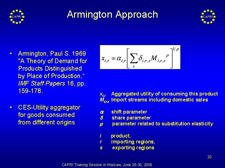 CAPRI Armington Approach • Armington, Paul S. 1969 "A Theory of Demand for Products