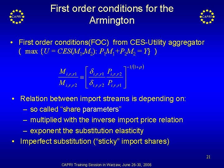 CAPRI First order conditions for the Armington CAPRI • First order conditions(FOC) from CES-Utility