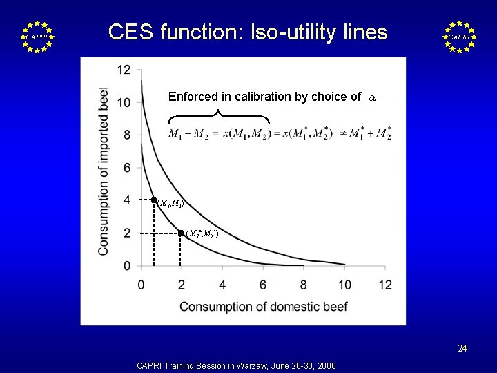 CAPRI CES function: Iso-utility lines CAPRI Enforced in calibration by choice of (M 1,