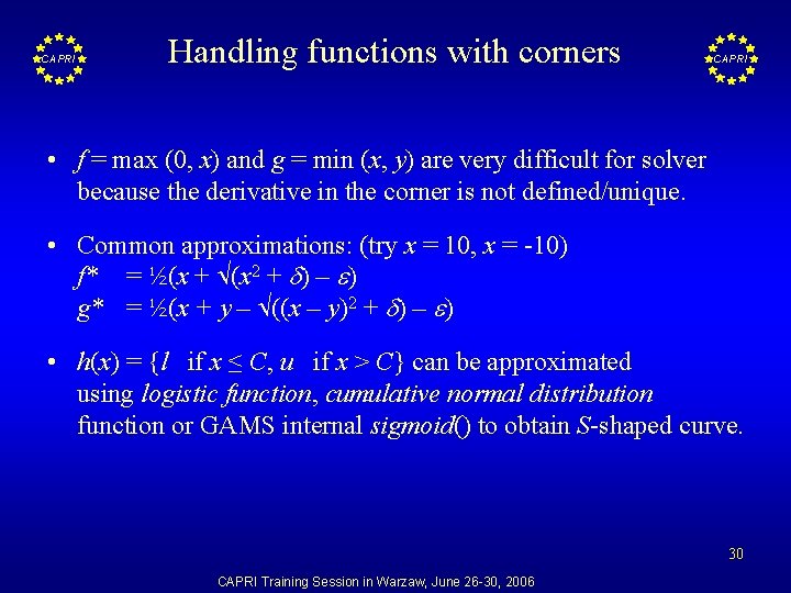 CAPRI Handling functions with corners CAPRI • f = max (0, x) and g