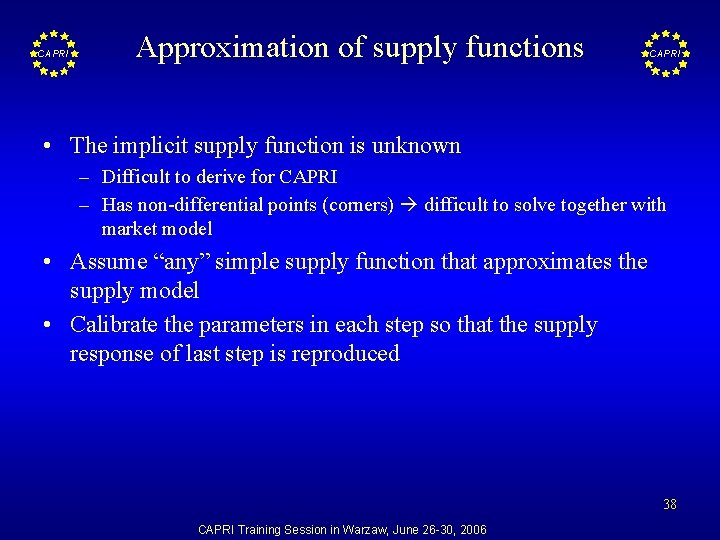 CAPRI Approximation of supply functions CAPRI • The implicit supply function is unknown –