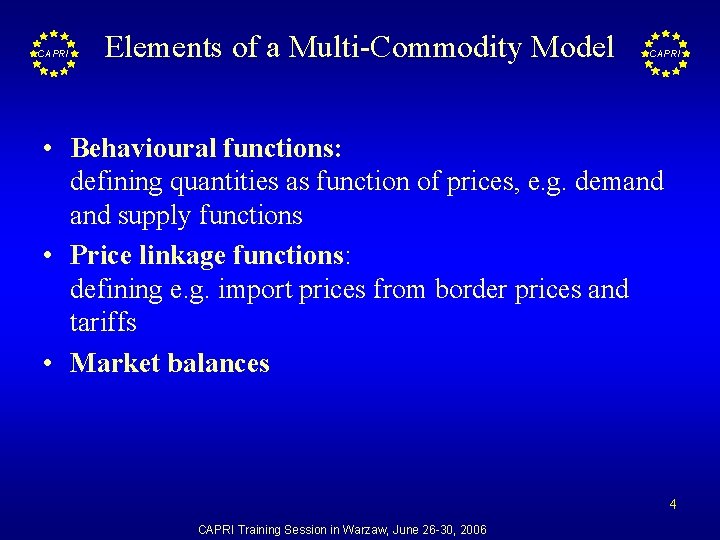 CAPRI Elements of a Multi-Commodity Model CAPRI • Behavioural functions: defining quantities as function
