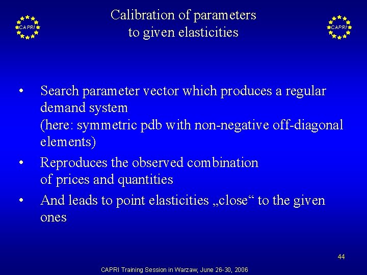 CAPRI • • • Calibration of parameters to given elasticities CAPRI Search parameter vector