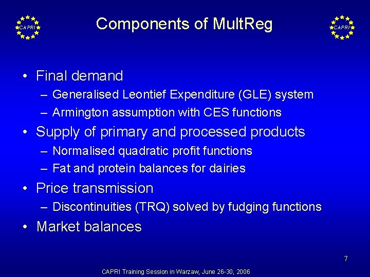 CAPRI Components of Mult. Reg CAPRI • Final demand – Generalised Leontief Expenditure (GLE)