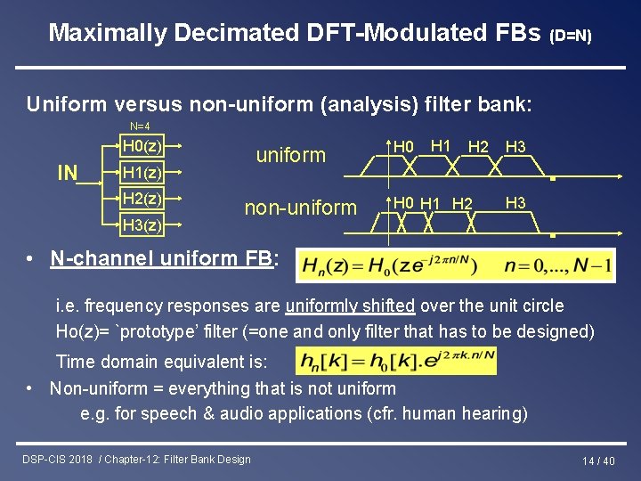 Maximally Decimated DFT-Modulated FBs (D=N) Uniform versus non-uniform (analysis) filter bank: N=4 H 0(z)