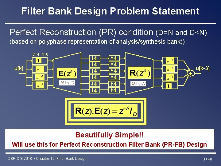 Filter Bank Design Problem Statement Perfect Reconstruction (PR) condition (D=N and D<N) (based on