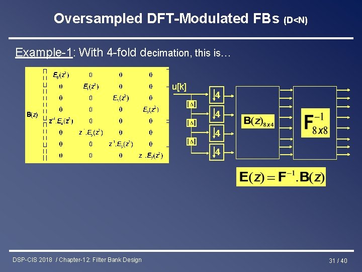 Oversampled DFT-Modulated FBs (D<N) Example-1: With 4 -fold decimation, this is… u[k] 4 4