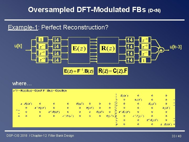 Oversampled DFT-Modulated FBs (D<N) Example-1: Perfect Reconstruction? u[k] 4 4 4 4 + u[k-3]