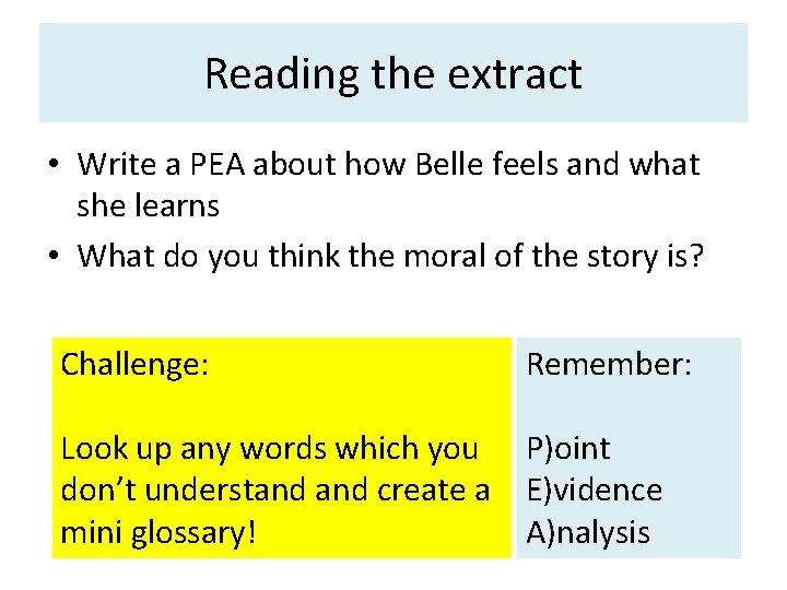 Reading the extract • Write a PEA about how Belle feels and what she