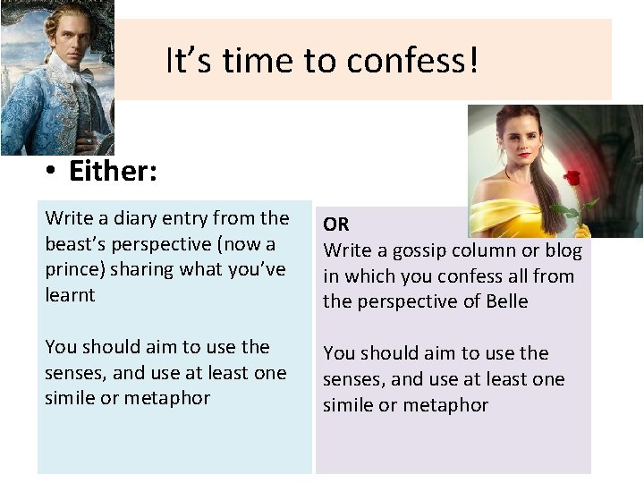 It’s time to confess! • Either: Write a diary entry from the beast’s perspective