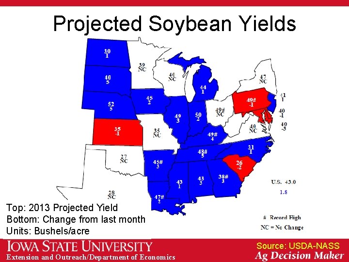 Projected Soybean Yields Top: 2013 Projected Yield Bottom: Change from last month Units: Bushels/acre