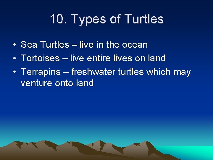 10. Types of Turtles • Sea Turtles – live in the ocean • Tortoises