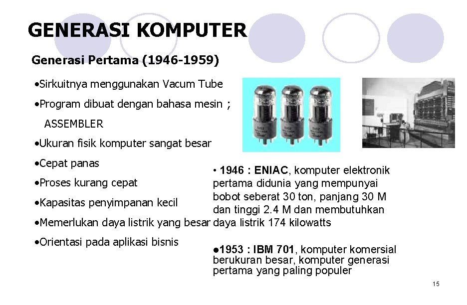 GENERASI KOMPUTER Generasi Pertama (1946 -1959) • Sirkuitnya menggunakan Vacum Tube • Program dibuat GENERASI KOMPUTER Generasi Pertama (1946 -1959) • Sirkuitnya menggunakan Vacum Tube • Program dibuat
