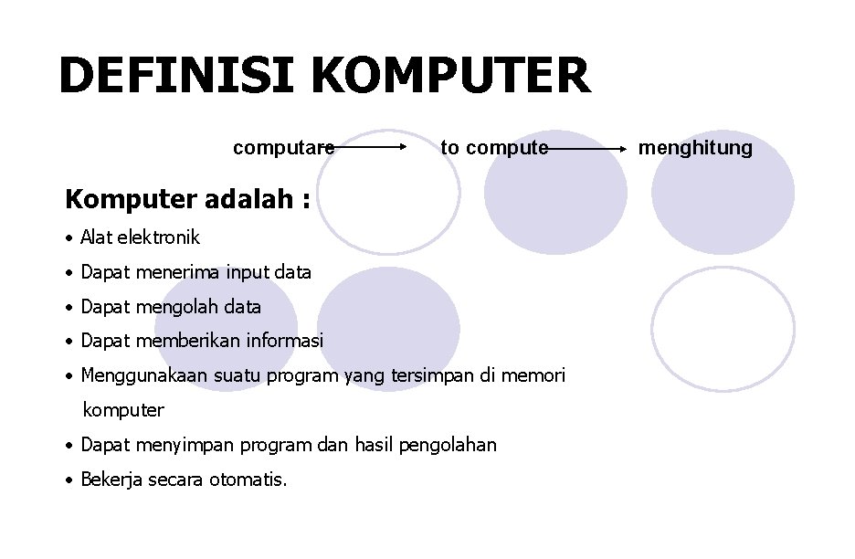 DEFINISI KOMPUTER computare to compute Komputer adalah : • Alat elektronik • Dapat menerima DEFINISI KOMPUTER computare to compute Komputer adalah : • Alat elektronik • Dapat menerima