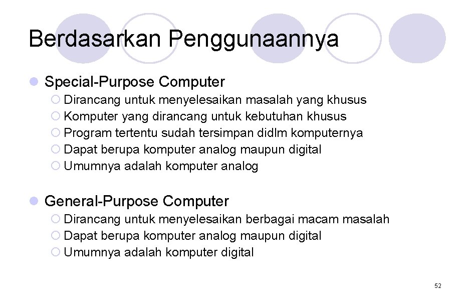 Berdasarkan Penggunaannya l Special-Purpose Computer ¡ Dirancang untuk menyelesaikan masalah yang khusus ¡ Komputer Berdasarkan Penggunaannya l Special-Purpose Computer ¡ Dirancang untuk menyelesaikan masalah yang khusus ¡ Komputer