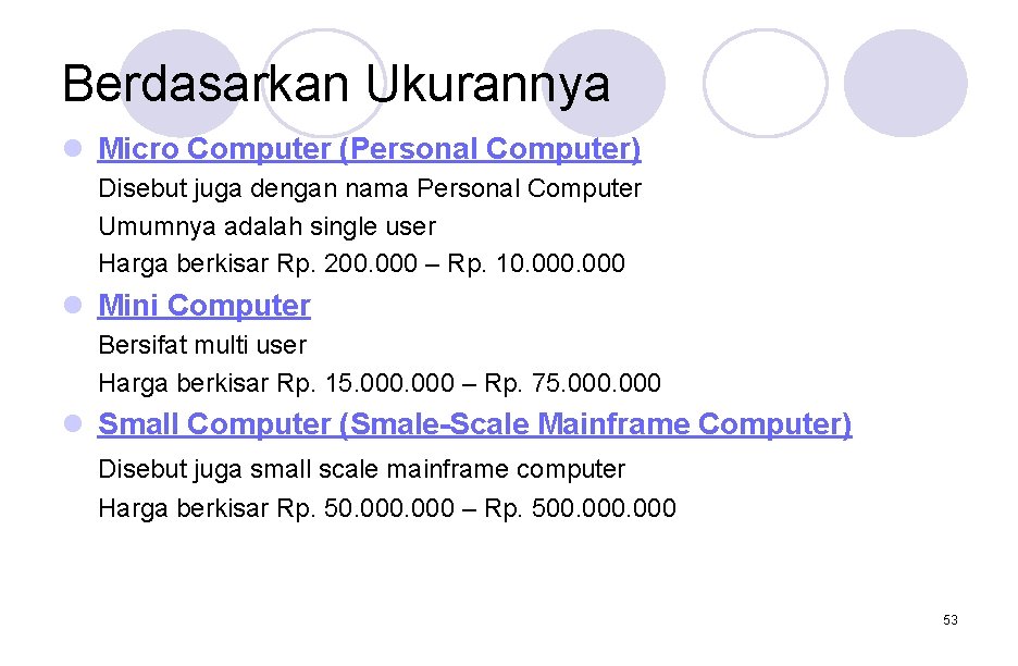 Berdasarkan Ukurannya l Micro Computer (Personal Computer) Disebut juga dengan nama Personal Computer Umumnya Berdasarkan Ukurannya l Micro Computer (Personal Computer) Disebut juga dengan nama Personal Computer Umumnya