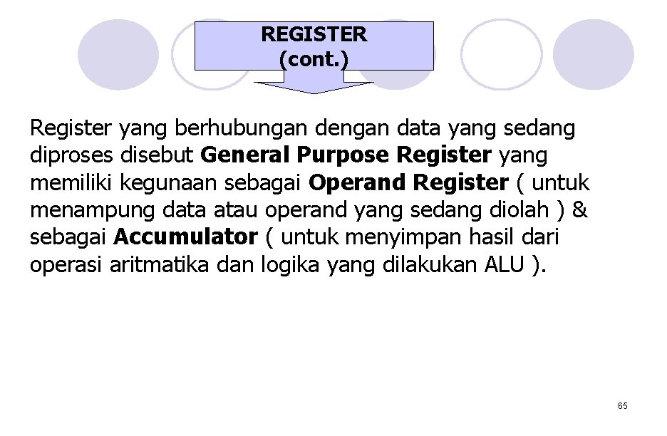 REGISTER (cont. ) Register yang berhubungan dengan data yang sedang diproses disebut General Purpose REGISTER (cont. ) Register yang berhubungan dengan data yang sedang diproses disebut General Purpose