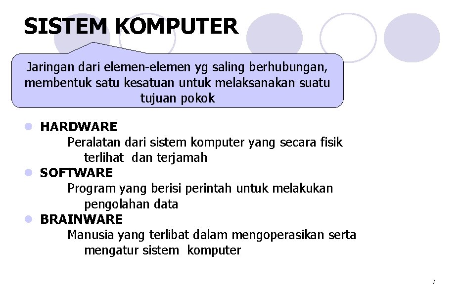 SISTEM KOMPUTER Jaringan dari elemen-elemen yg saling berhubungan, membentuk satu kesatuan untuk melaksanakan suatu SISTEM KOMPUTER Jaringan dari elemen-elemen yg saling berhubungan, membentuk satu kesatuan untuk melaksanakan suatu
