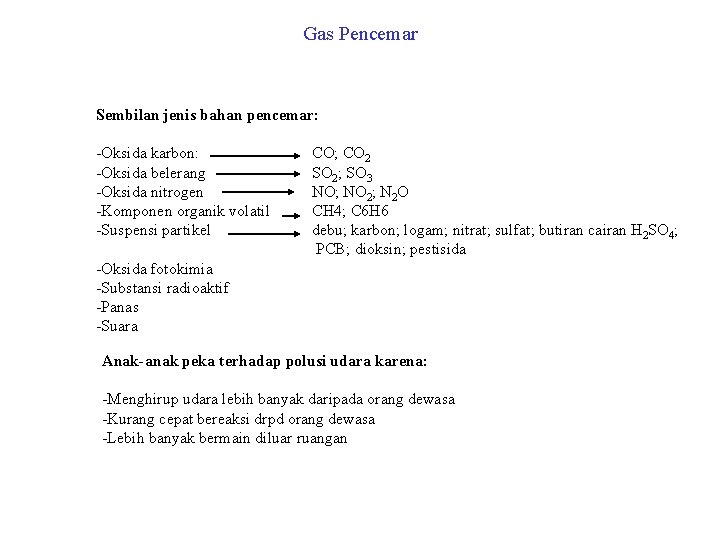 Gas Pencemar Sembilan jenis bahan pencemar: -Oksida karbon: -Oksida belerang -Oksida nitrogen -Komponen organik