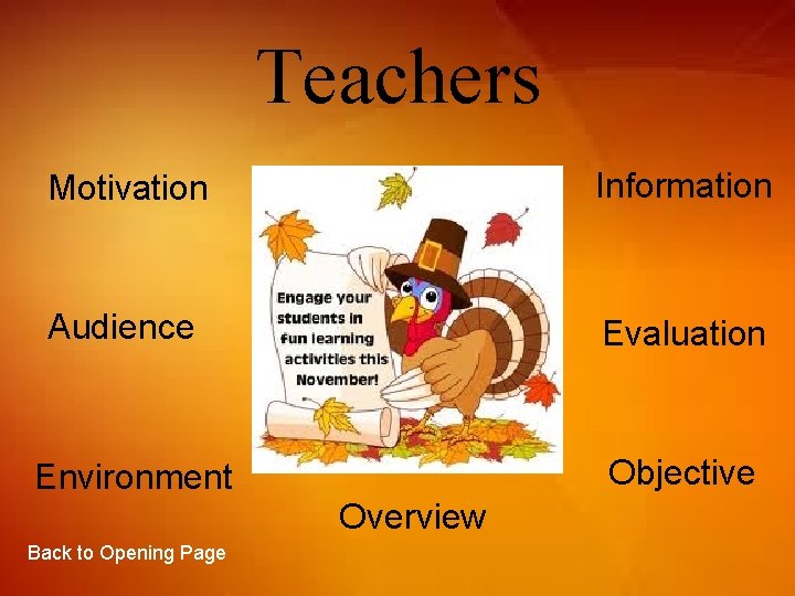 Teachers Motivation Information Audience Evaluation Objective Environment Overview Back to Opening Page 