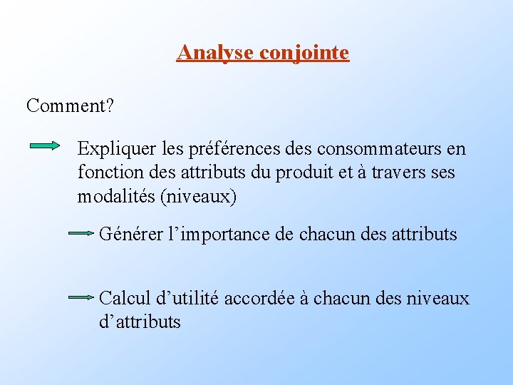 Analyse conjointe Comment? Expliquer les préférences des consommateurs en fonction des attributs du produit Analyse conjointe Comment? Expliquer les préférences des consommateurs en fonction des attributs du produit