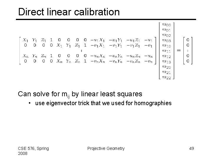 Direct linear calibration Can solve for mij by linear least squares • use eigenvector