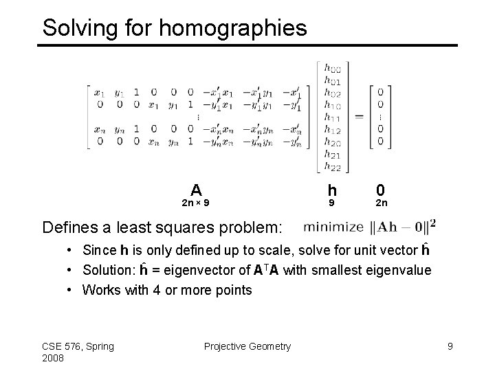 Solving for homographies A 2 n × 9 h 9 0 2 n Defines