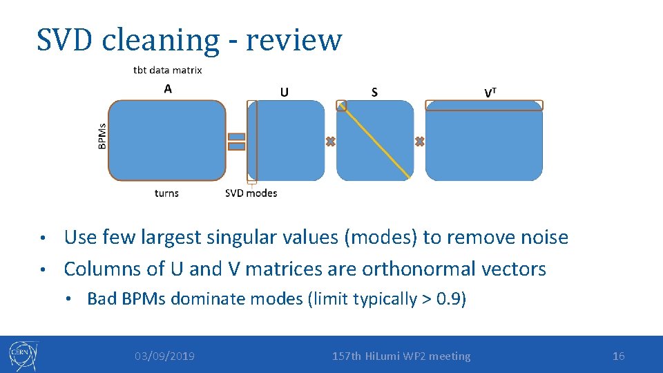 SVD cleaning - review Use few largest singular values (modes) to remove noise •