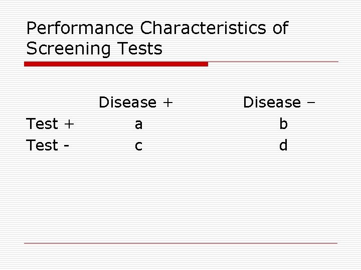 Performance Characteristics of Screening Tests Test + Test - Disease + a c Disease