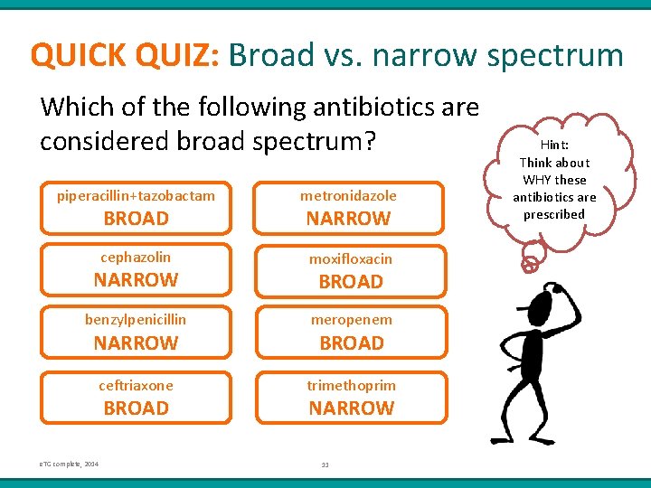 QUICK QUIZ: Broad vs. narrow spectrum Which of the following antibiotics are considered broad