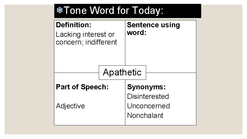 Tone Word for Today: Definition: Lacking interest or concern; indifferent Sentence using word: Apathetic