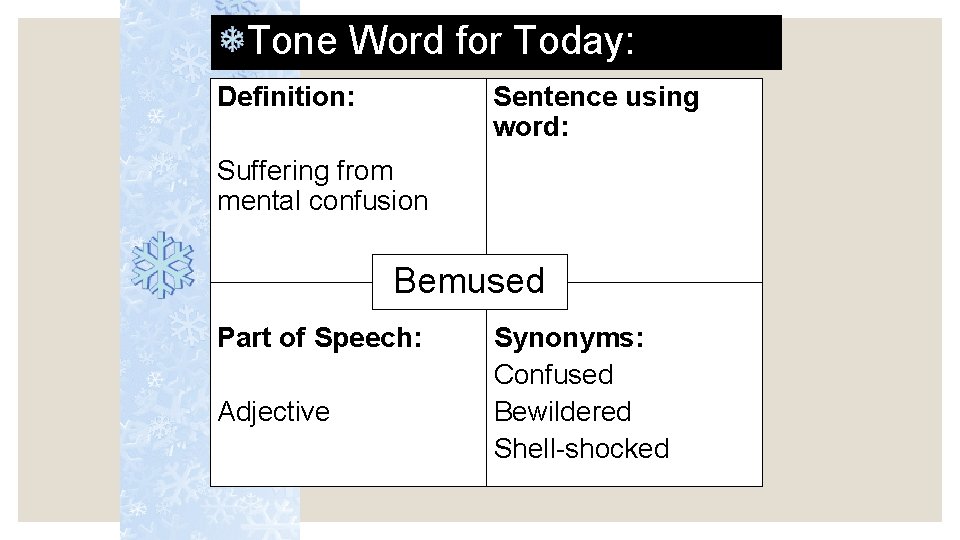 Tone Word for Today: Definition: Sentence using word: Suffering from mental confusion Bemused Part