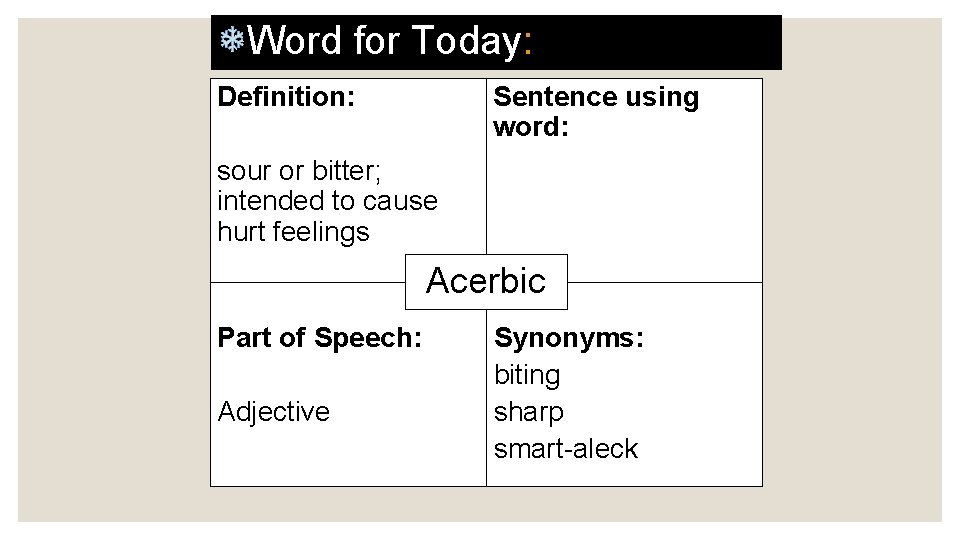 Word for Today: Definition: Sentence using word: sour or bitter; intended to cause hurt