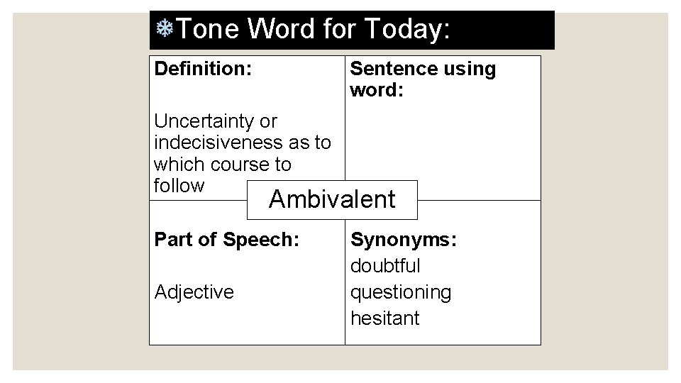 Tone Word for Today: Definition: Sentence using word: Uncertainty or indecisiveness as to which