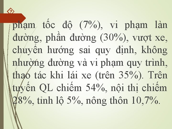  phạm tốc độ (7%), vi phạm làn đường, phần đường (30%), vượt xe,