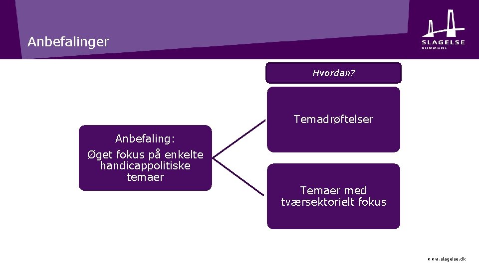 Anbefalinger Hvordan? Temadrøftelser Anbefaling: Øget fokus på enkelte handicappolitiske temaer Temaer med tværsektorielt fokus