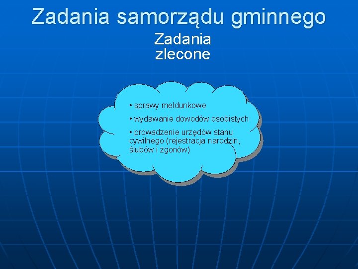 Zadania samorządu gminnego Zadania zlecone • sprawy meldunkowe • wydawanie dowodów osobistych • prowadzenie