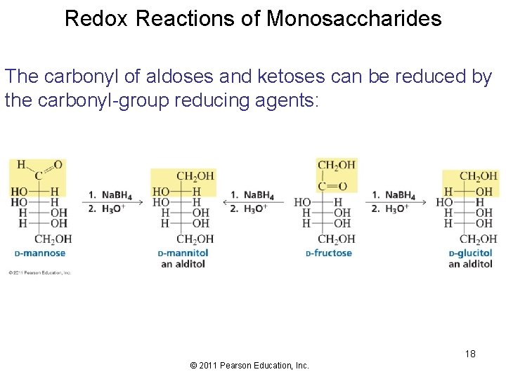 Redox Reactions of Monosaccharides The carbonyl of aldoses and ketoses can be reduced by