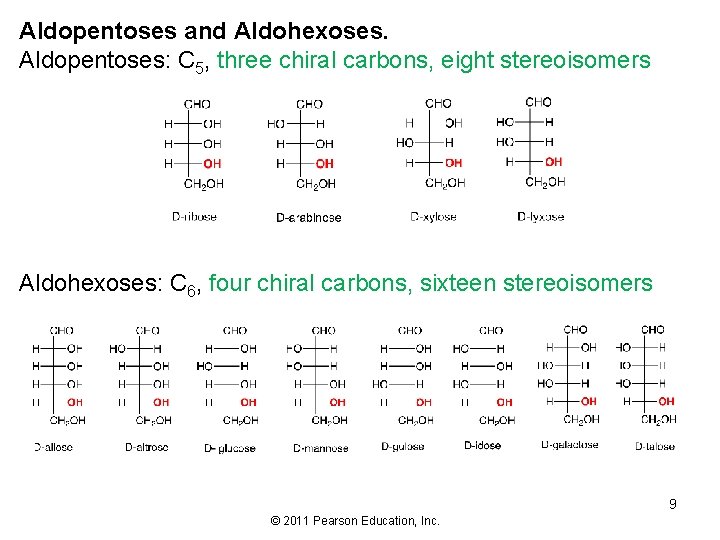 Aldopentoses and Aldohexoses. Aldopentoses: C 5, three chiral carbons, eight stereoisomers Aldohexoses: C 6,