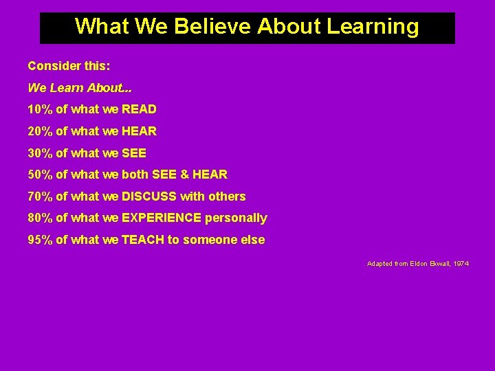 What We Believe About Learning Consider this: We Learn About. . . 10% of