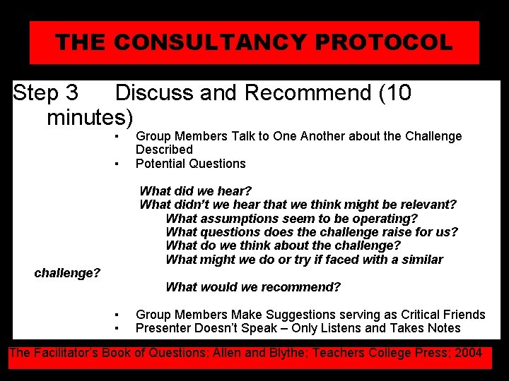 THE CONSULTANCY PROTOCOL Step 3 Discuss and Recommend (10 minutes) ▪ ▪ Group Members