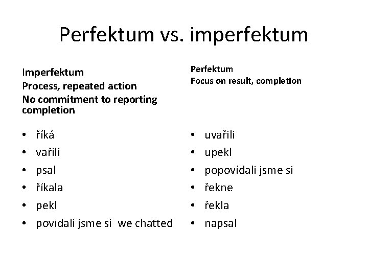 Perfektum vs. imperfektum Imperfektum Process, repeated action No commitment to reporting completion • •