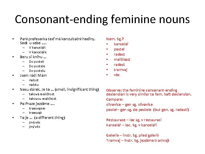 Consonant-ending feminine nouns • Paní profesorka teď má konzultační hodiny. Sedí u sebe ….