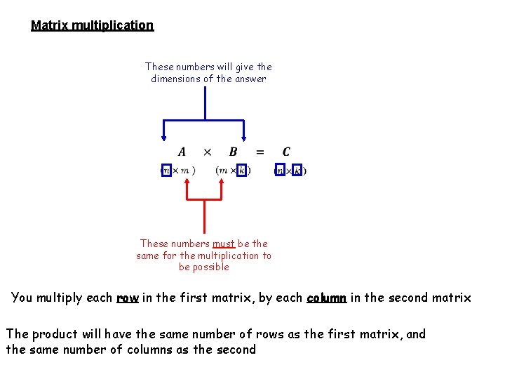 Matrix multiplication These numbers will give the dimensions of the answer These numbers must
