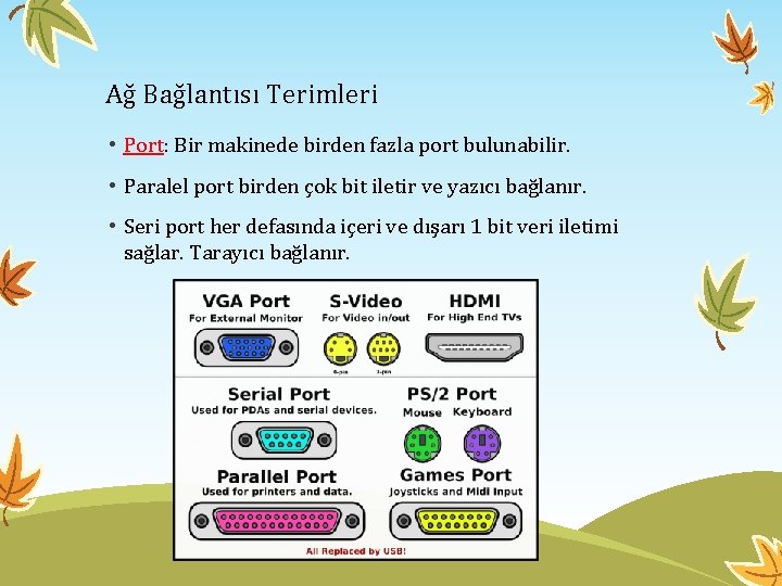 Ağ Bağlantısı Terimleri • Port: Bir makinede birden fazla port bulunabilir. • Paralel port