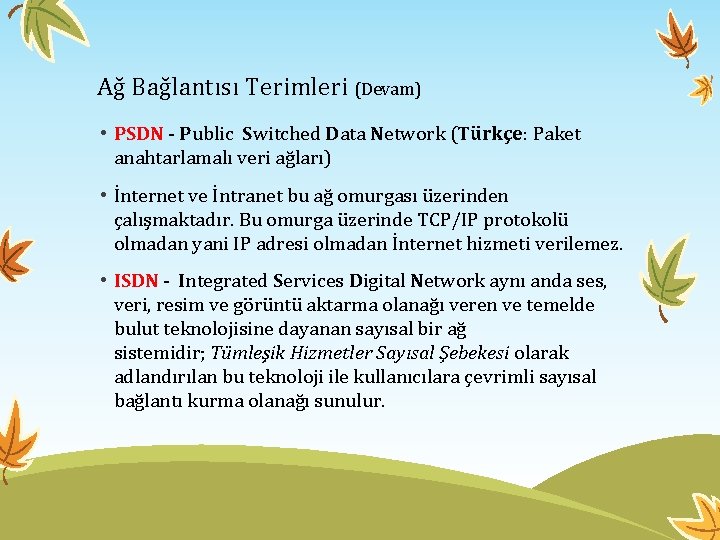 Ağ Bağlantısı Terimleri (Devam) • PSDN - Public Switched Data Network (Türkçe: Paket anahtarlamalı