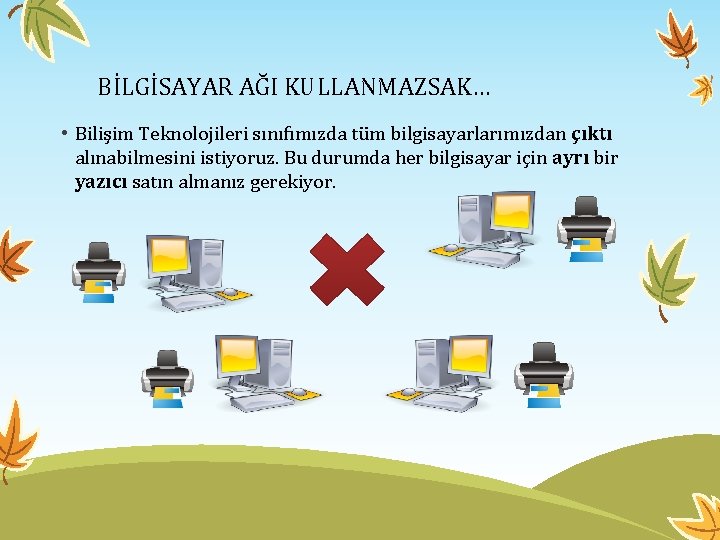 BİLGİSAYAR AĞI KULLANMAZSAK… • Bilişim Teknolojileri sınıfımızda tüm bilgisayarlarımızdan çıktı alınabilmesini istiyoruz. Bu durumda