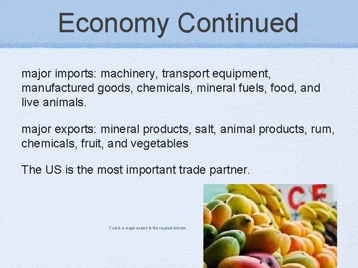 Economy Continued major imports: machinery, transport equipment, manufactured goods, chemicals, mineral fuels, food, and