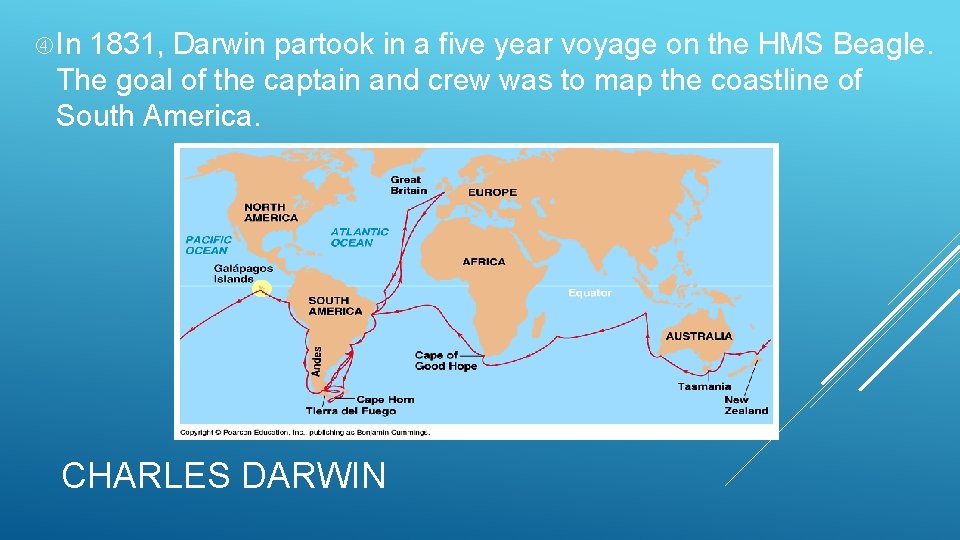  In 1831, Darwin partook in a five year voyage on the HMS Beagle.