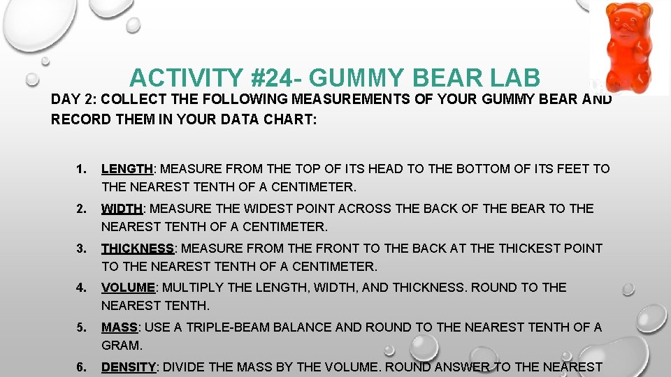 ACTIVITY #24 - GUMMY BEAR LAB DAY 2: COLLECT THE FOLLOWING MEASUREMENTS OF YOUR